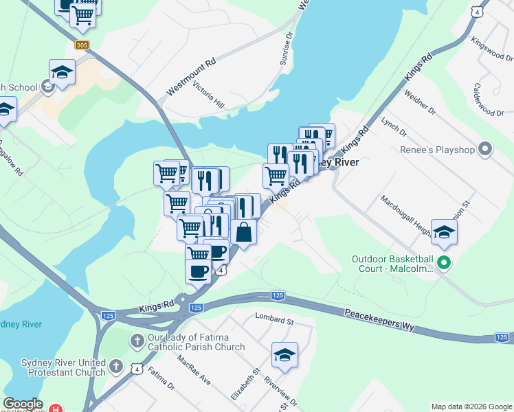 map of restaurants, bars, coffee shops, grocery stores, and more near 1154 Kings Road in Sydney