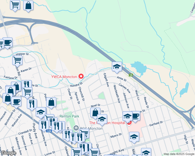 map of restaurants, bars, coffee shops, grocery stores, and more near 25 Northview Avenue in Moncton