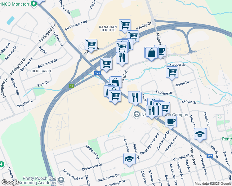 map of restaurants, bars, coffee shops, grocery stores, and more near 1360 Mountain Road in Moncton