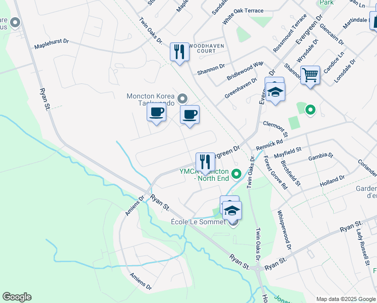 map of restaurants, bars, coffee shops, grocery stores, and more near Hunterwood Street in Moncton