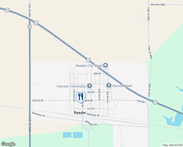 map of restaurants, bars, coffee shops, grocery stores, and more near 1st Ave E in Reeder