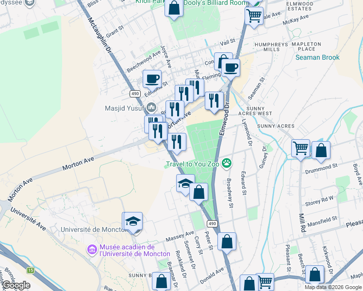 map of restaurants, bars, coffee shops, grocery stores, and more near 153 Chemin McLaughlin Road in Moncton