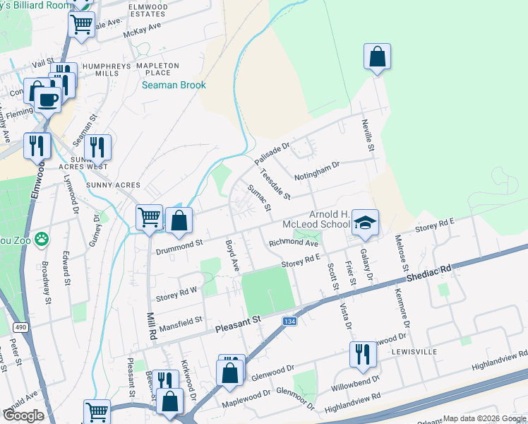 map of restaurants, bars, coffee shops, grocery stores, and more near 20 Sumac Street in Moncton