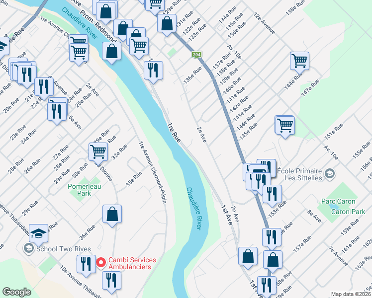 map of restaurants, bars, coffee shops, grocery stores, and more near 1re Avenue in Saint-Georges