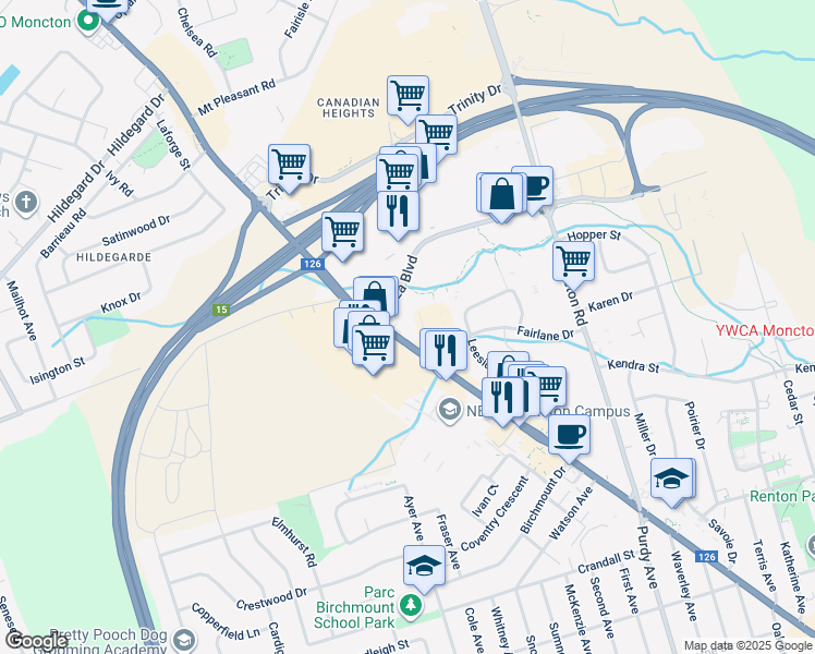 map of restaurants, bars, coffee shops, grocery stores, and more near 1360 Mountain Road in Moncton
