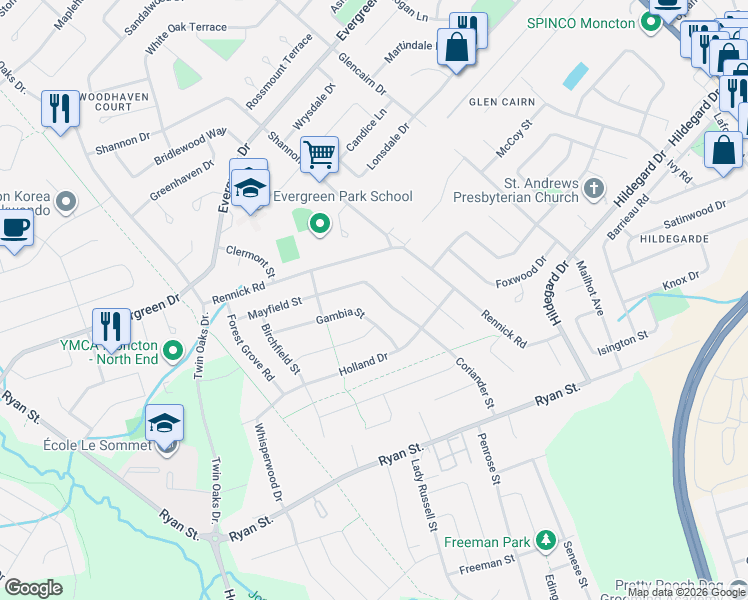 map of restaurants, bars, coffee shops, grocery stores, and more near 151 Coriander Street in Moncton