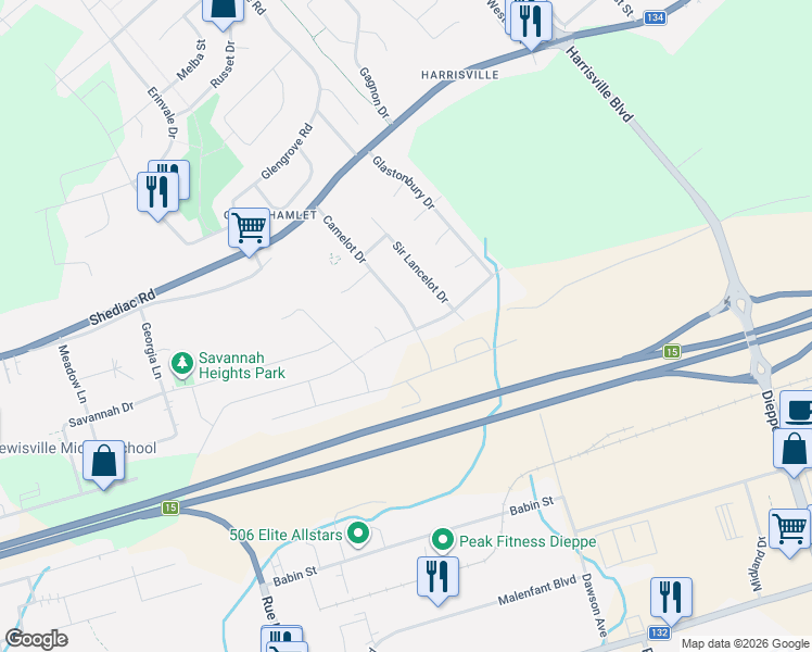 map of restaurants, bars, coffee shops, grocery stores, and more near 48 Sir Lancelot Drive in Moncton