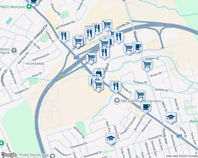 map of restaurants, bars, coffee shops, grocery stores, and more near 1380 Mountain Road in Moncton