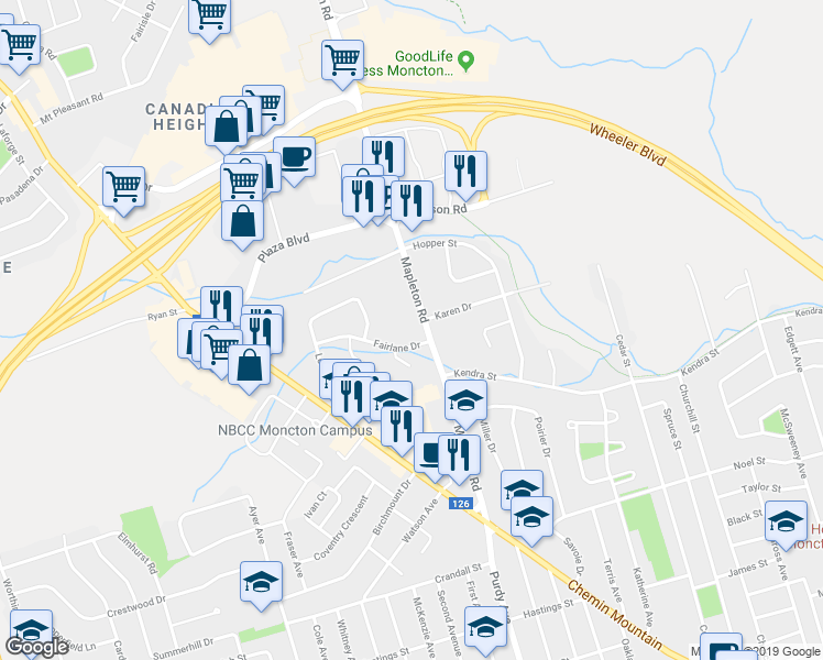 map of restaurants, bars, coffee shops, grocery stores, and more near 170 Mapleton Road in Moncton
