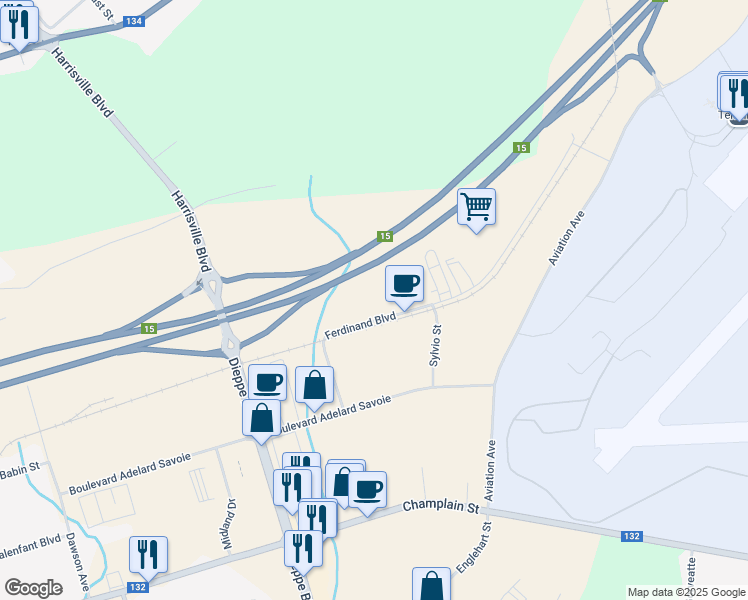 map of restaurants, bars, coffee shops, grocery stores, and more near 551 Ferdinand Boulevard in Dieppe