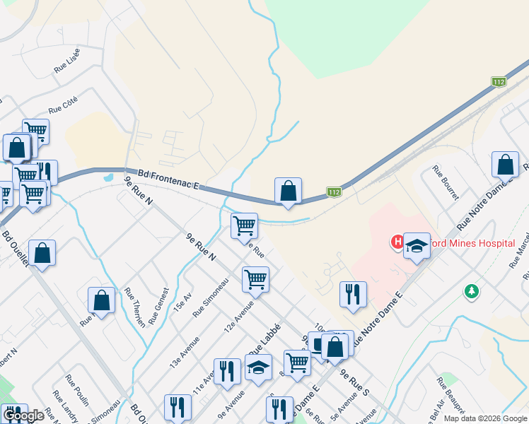 map of restaurants, bars, coffee shops, grocery stores, and more near 1488 Boulevard Frontenac Est in Thetford Mines