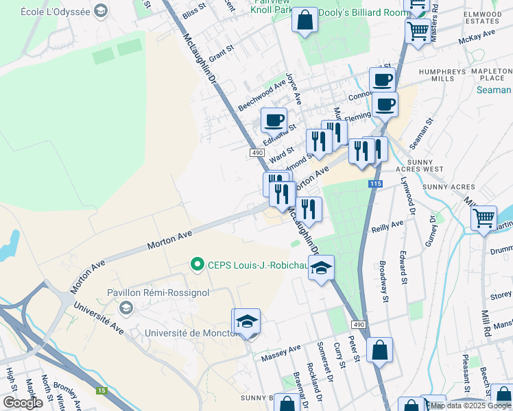 map of restaurants, bars, coffee shops, grocery stores, and more near 133 Morton Avenue in Moncton