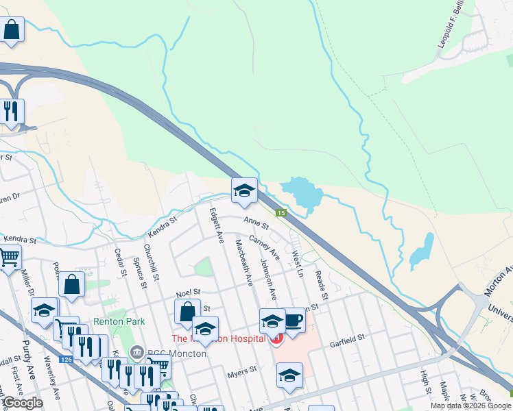 map of restaurants, bars, coffee shops, grocery stores, and more near 2 Kendra Street in Moncton