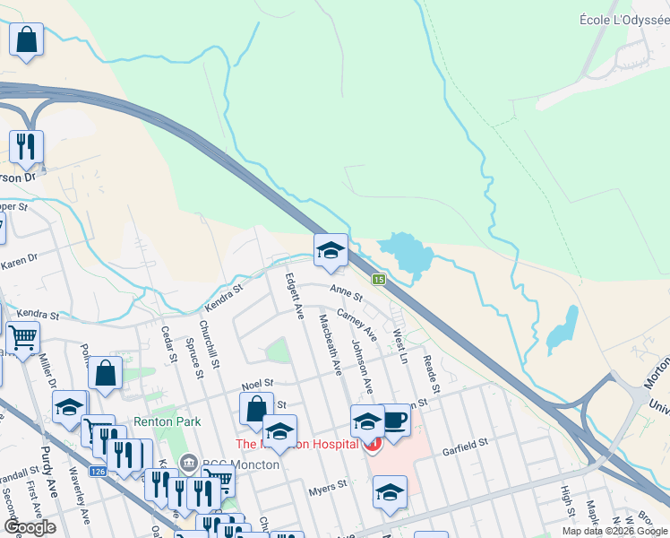 map of restaurants, bars, coffee shops, grocery stores, and more near 10 Kendra Street in Moncton