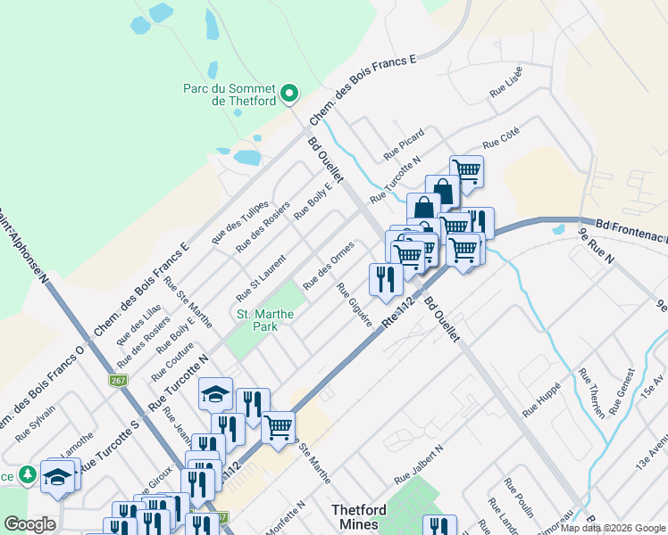 map of restaurants, bars, coffee shops, grocery stores, and more near 1231 Rue Giguére in Thetford Mines