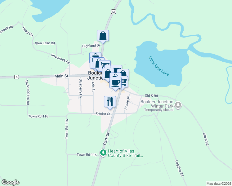 map of restaurants, bars, coffee shops, grocery stores, and more near 10351 Main Street in Boulder Junction