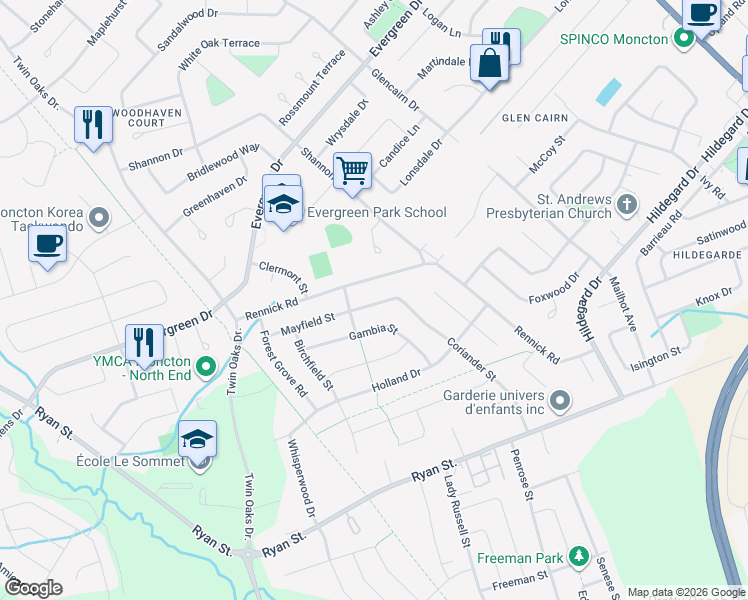 map of restaurants, bars, coffee shops, grocery stores, and more near 179 Coriander Street in Moncton