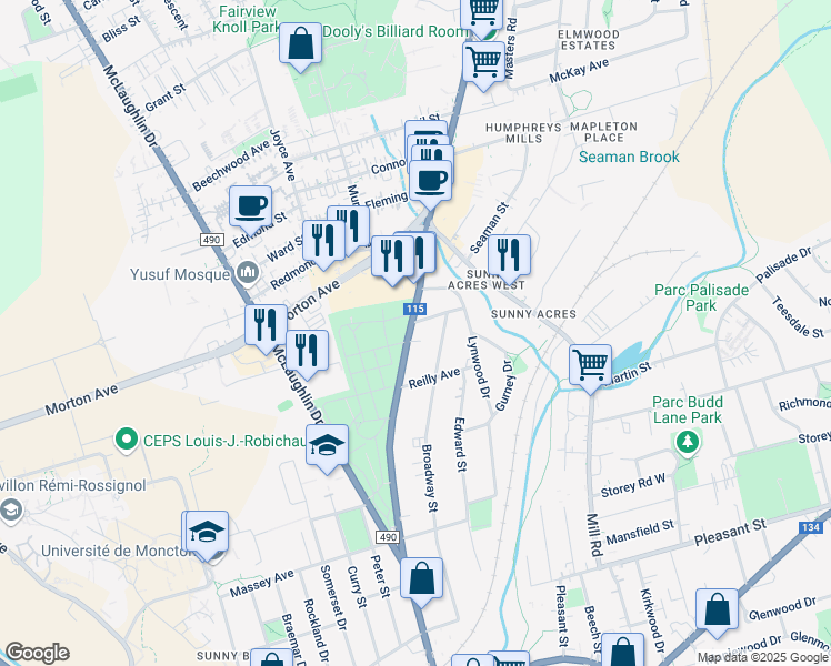 map of restaurants, bars, coffee shops, grocery stores, and more near 243 Elmwood Drive in Moncton