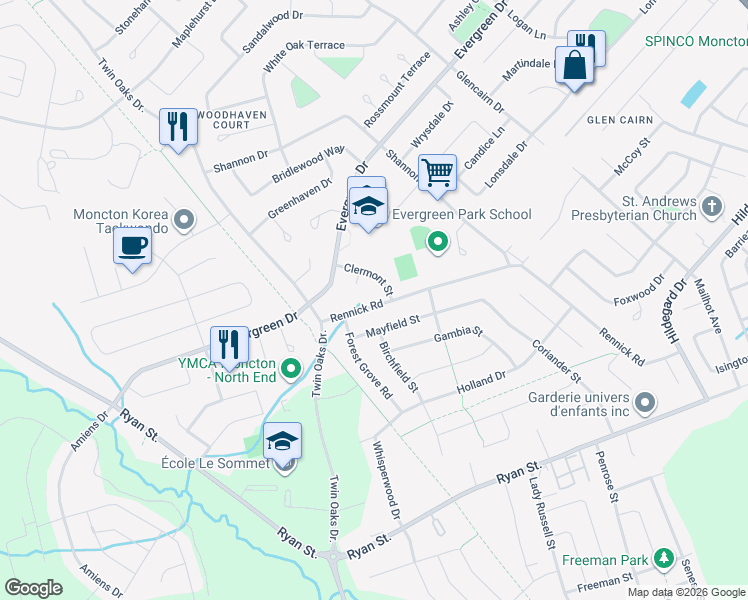 map of restaurants, bars, coffee shops, grocery stores, and more near 6 Clermont Street in Moncton