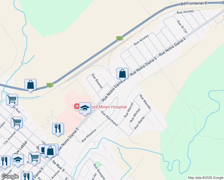 map of restaurants, bars, coffee shops, grocery stores, and more near 1923 Rue Notre-Dame Est in Thetford Mines