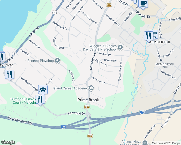 map of restaurants, bars, coffee shops, grocery stores, and more near 667 Nova Scotia 327 in Sydney