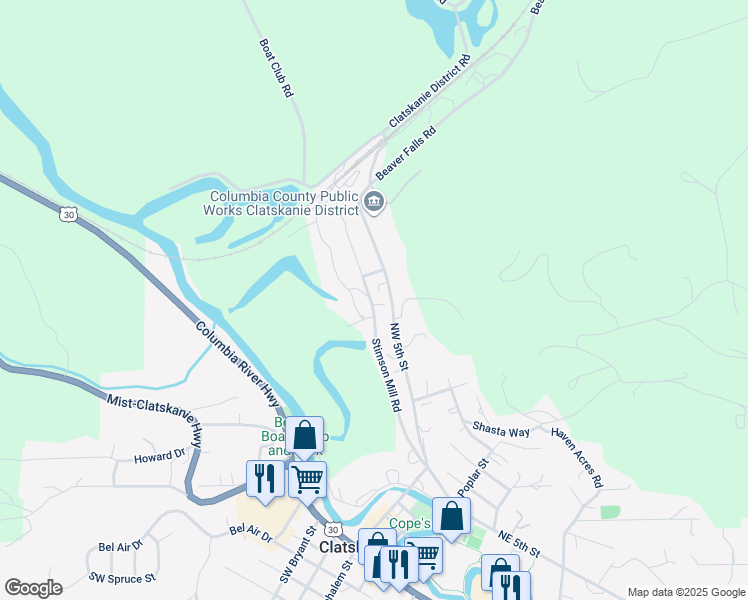 map of restaurants, bars, coffee shops, grocery stores, and more near 655 Northwest 5th Street in Clatskanie