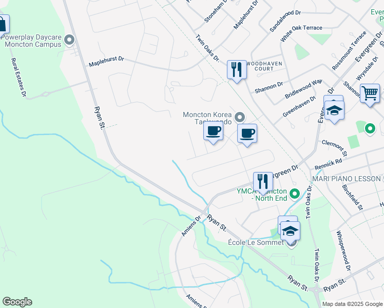 map of restaurants, bars, coffee shops, grocery stores, and more near 78 Blackstone Drive in Moncton
