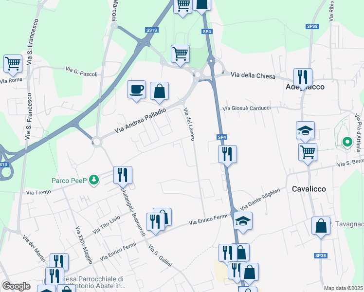 map of restaurants, bars, coffee shops, grocery stores, and more near Via Perugia in Feletto Umberto