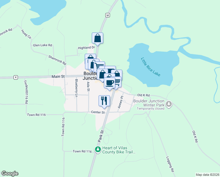 map of restaurants, bars, coffee shops, grocery stores, and more near 10351 Main Street in Boulder Junction