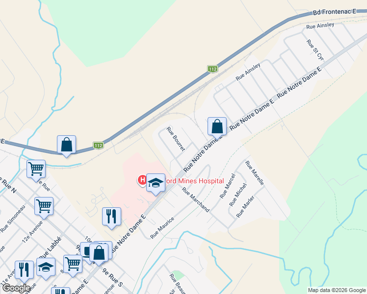 map of restaurants, bars, coffee shops, grocery stores, and more near 1867 Avenue Robert in Thetford Mines