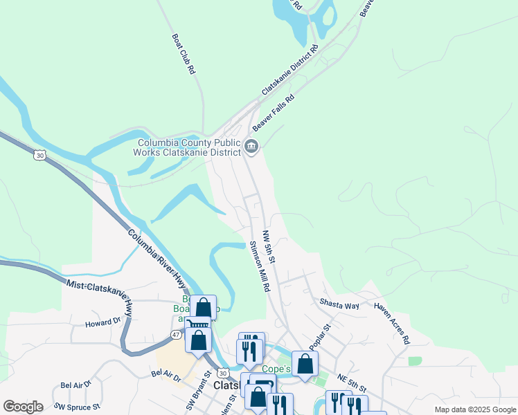 map of restaurants, bars, coffee shops, grocery stores, and more near 655 Northwest 5th Street in Clatskanie