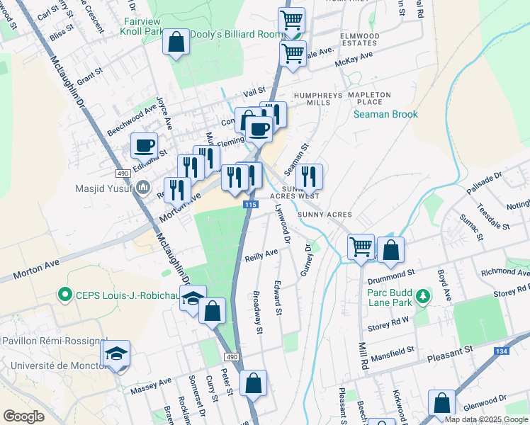 map of restaurants, bars, coffee shops, grocery stores, and more near 257 Elmwood Drive in Moncton