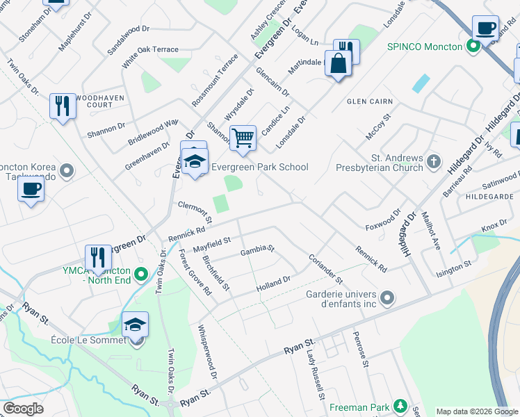 map of restaurants, bars, coffee shops, grocery stores, and more near 179 Coriander Street in Moncton