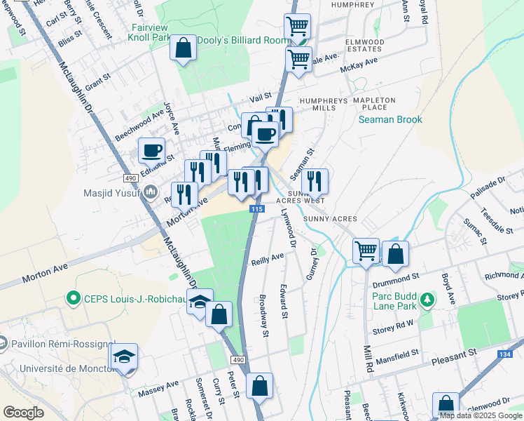 map of restaurants, bars, coffee shops, grocery stores, and more near 257 Elmwood Drive in Moncton
