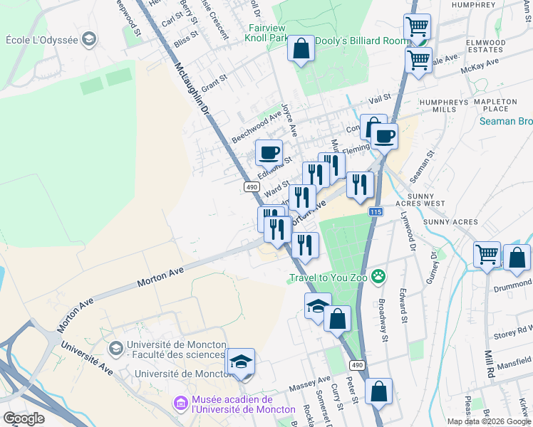 map of restaurants, bars, coffee shops, grocery stores, and more near New Brunswick 490 & Redmond Street in Moncton