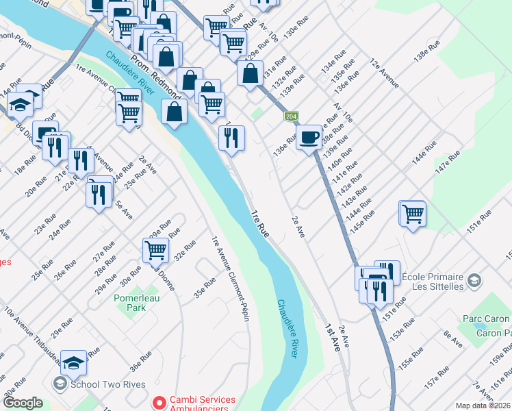 map of restaurants, bars, coffee shops, grocery stores, and more near 13825 1re Avenue in Saint-Georges