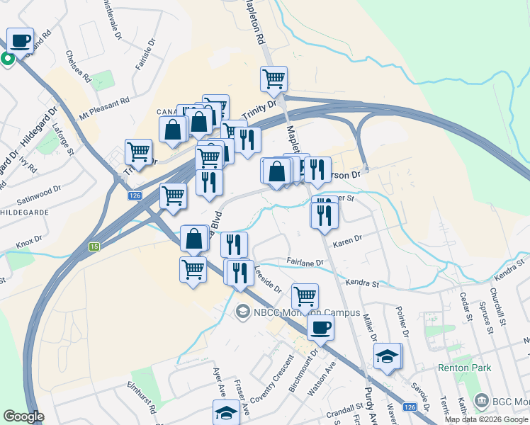 map of restaurants, bars, coffee shops, grocery stores, and more near in Moncton