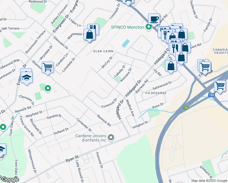 map of restaurants, bars, coffee shops, grocery stores, and more near 111 Willshire Way in Moncton