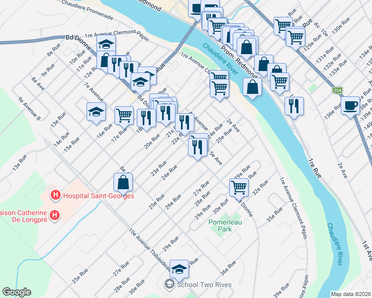 map of restaurants, bars, coffee shops, grocery stores, and more near 2340 Boulevard Dionne in Saint-Georges