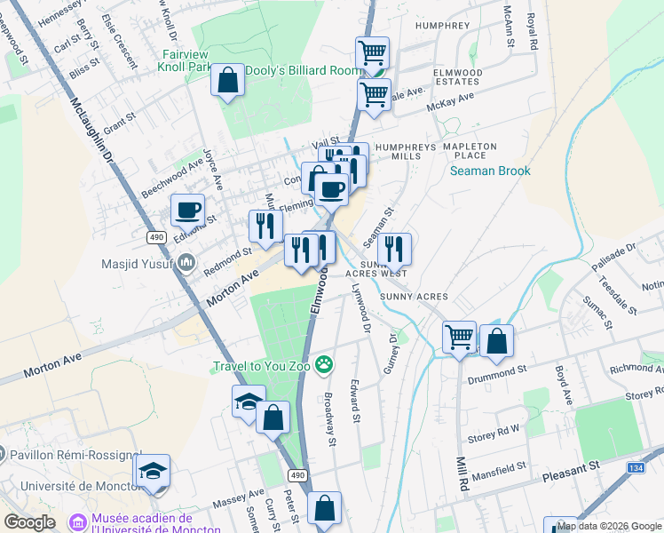 map of restaurants, bars, coffee shops, grocery stores, and more near 271 Elmwood Drive in Moncton