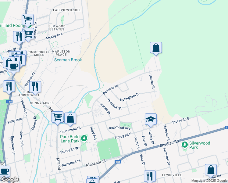 map of restaurants, bars, coffee shops, grocery stores, and more near 125 Notingham Drive in Moncton