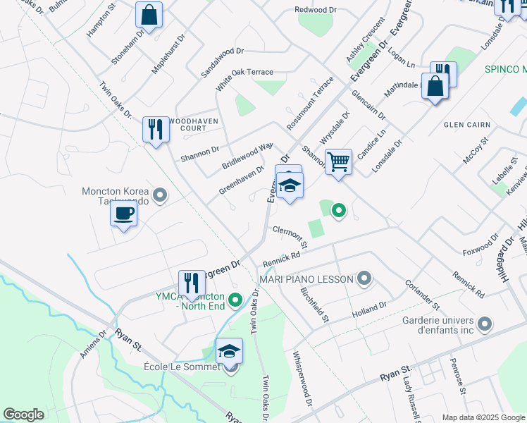 map of restaurants, bars, coffee shops, grocery stores, and more near 368 Evergreen Drive in Moncton