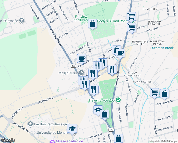 map of restaurants, bars, coffee shops, grocery stores, and more near 111 Redmond Street in Moncton