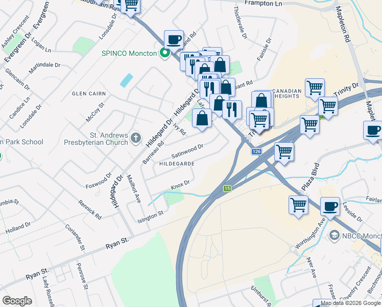 map of restaurants, bars, coffee shops, grocery stores, and more near in Moncton