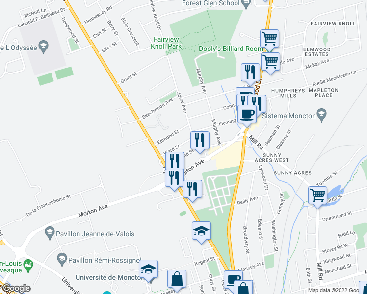 map of restaurants, bars, coffee shops, grocery stores, and more near in Moncton