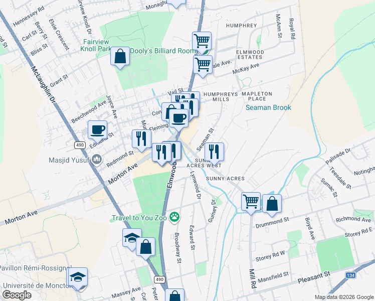 map of restaurants, bars, coffee shops, grocery stores, and more near 271 Elmwood Drive in Moncton