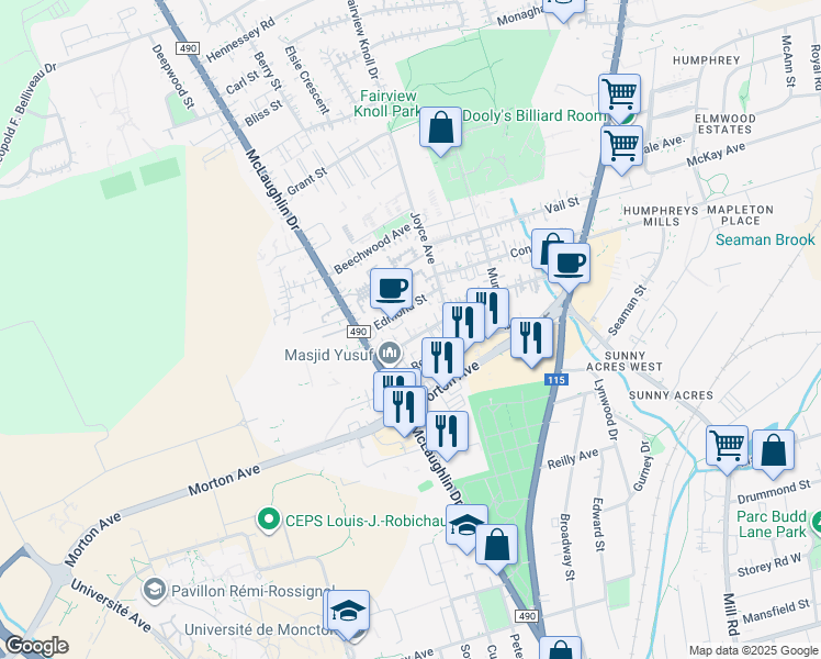map of restaurants, bars, coffee shops, grocery stores, and more near 32 Ward Street in Moncton