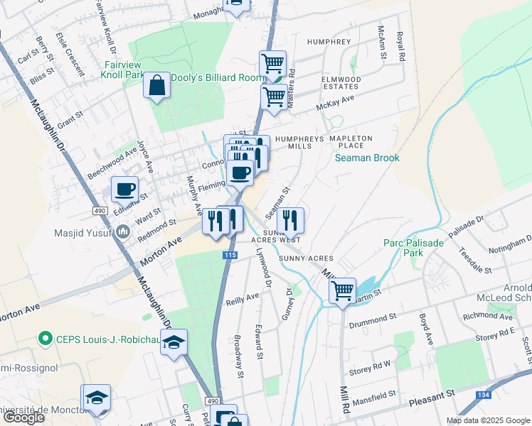 map of restaurants, bars, coffee shops, grocery stores, and more near 14 Seaman Street in Moncton