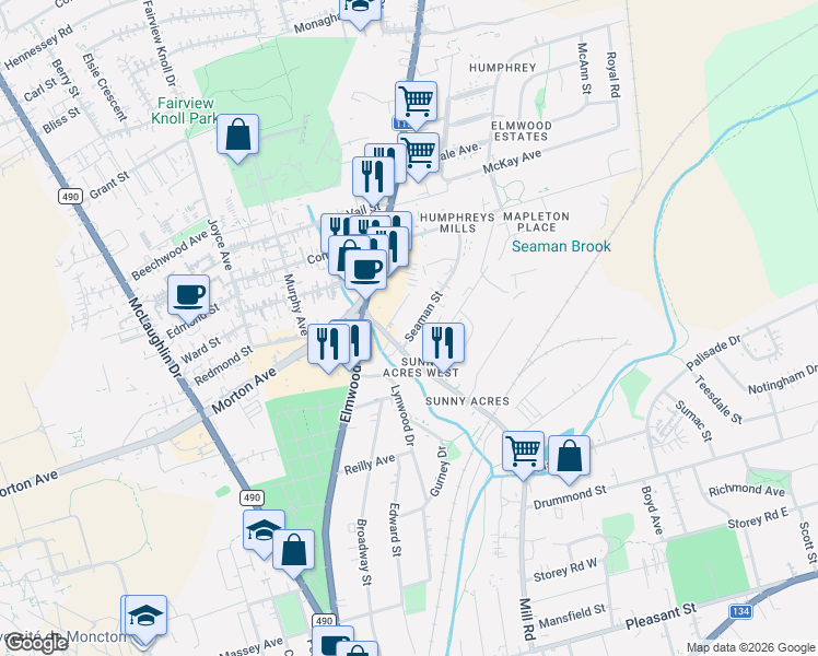 map of restaurants, bars, coffee shops, grocery stores, and more near 31 Ruth Street in Moncton