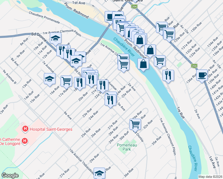 map of restaurants, bars, coffee shops, grocery stores, and more near 445 23e Rue in Saint-Georges